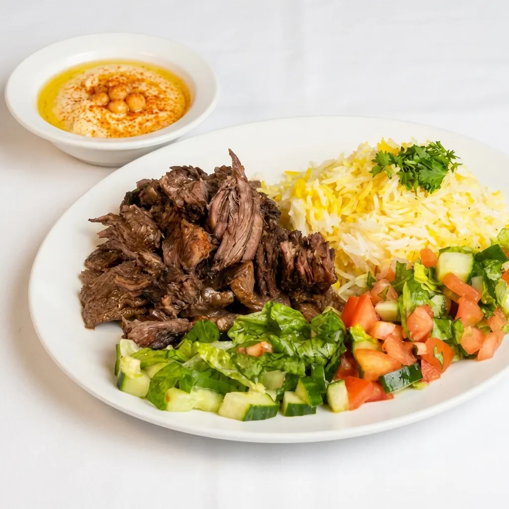 Beef Shawarma Plate with citrus-marinated beef, rice, hummus and vegetables at Yafa Café on Portage Avenue in Winnipeg, MB