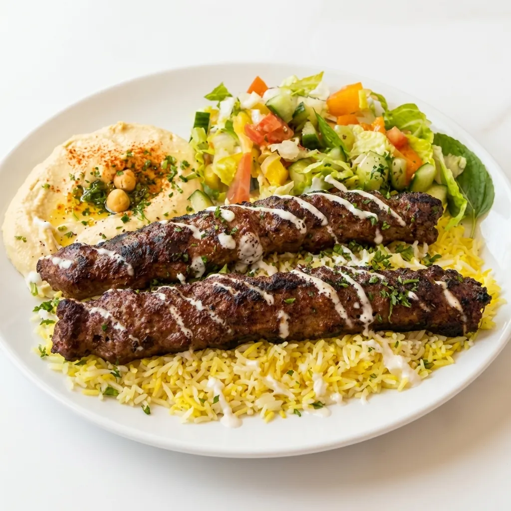Kabab Plate with two gluten-free beef and lamb skewers, Kuwait rice, hummus and vegetables at Yafa Café in Winnipeg, MB