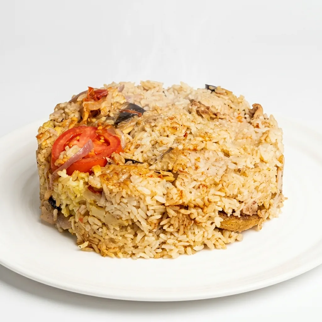 Maqlubeh, upside-down Palestinian rice with roasted vegetables and halal meat at Yafa Café Winnipeg